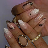 Qfdian 24Pcs Simple French Nails Art Tips Fake Nails 3D Design Wearable Full Cover False Nail Mid-length Almond Reusable Press on Nails