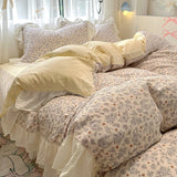 Qfdian  Floral print Korean style Princess Lace Bedding Set Duvet Cover Set Washed Cotton Flat Sheet set Queen For Girl Decor Home