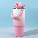Qfdian  900ML Gradient Straw Thermos Bottle Portable Car Coffee Mug Cup Cold and Hot Stainless Steel Thermal Water Bottle with Handle