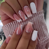 Qfdian 24Pcs Shiny Pearl Wearable False Nails Short Square Fake Nail Simple Summer Press on Nails Detachable Full Cover Nail Tips