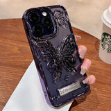 Qfdian Glitter Butterfly Gradient Stand Case for iPhone 15 16 14 12 13 Pro Max 14Pro Bracket Transparent Plating Soft Silicone Cover