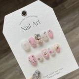 Qfdian  Blush Pink Handmade Fake Nails Sweet Strawberry Flower Designed Wearable Press on Nails Full Cover False Nail for Women Girls