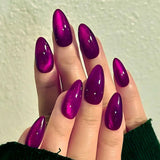Qfdian  24pcs Glossy Red Cat's Eye Press On Nails Full Cover Nude Color Wearable Almond False Nails Charms Detachable Fake Nail For Girl