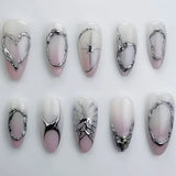 Qfdian 24Pcs 3D Green Ripple Design False Nails Cat's Eye French Almond Fake Nail Tips Leaves Pattern Removable Oval Press on Nails