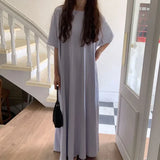 Qfdian  Summer Fashion Versatile Casual Women Short Sleeved T-shirt Dress Lazy Style Round Neck Solid Color Loose Fitting Women's Dress