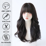 Qfdian  Long Wave Wig with Bangs Natural Black Synthetic Wig Heat-Resistant for Women Daily Party Cosplay Premium Soft Wig Fake Hair