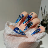 Qfdian  Deep Sea Punk Press-on Nails Set,ABS Resin Base with Alloy Chains/Gem/Pearl Decor,Multi-Size for Music Festivals/Gothic Outfits/