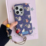 Qfdian Ins floral cat cute leather cover for iphone 15pro 16Pro 14promax 13promax 14 13 15 16 pro max colorful chain rope phone case