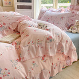 Qfdian  INS Floral Style Bedding Sets Ruffle Lace Bow Quilt Cover Romantic Bedclothes Decor Woman Girls Bedroom Duvet Cover 4pcs