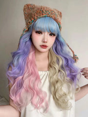 Qfdian 28Inch Blue Pink Purple Blonde Mix Color Synthetic Magic Wigs With Bang Long Natural Wavy Hair Wig For Women Cos Heat Resistant