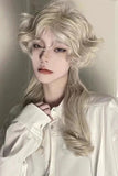 Qfdian Beige Medium Long Curly Hair Retro Ouji Wig with Bangs 18 Inch 13x4 HD Wigs for Women Lolita for Cosplay and Party Use