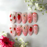 Qfdian 24pcs Wearable False Nail Strawberry Bow Design Nails Tips Red Short Almond Pearl Starlight Fake Nail Art Flower Press on Nails