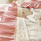 Qfdian 100% Cotton Korean Princess Style Rose Flower Print Ruffles Bedding Set Duvet Cover Bed Sheet/Fitted Sheet/Bed Skirt Pillowcases