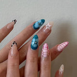 Qfdian 24pcs Short Almond False Nail Art Starlight Rhinestone Design Nails Tip Green Full Cover Nail Set Datachable Press on Fake Nails