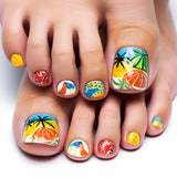 Qfdian  24pcs Colorful Painted Watermelon Fake Toenails Little Fresh Summer Beach Wearable False Toenail Shiny Diamond Press On Toenails