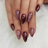 Qfdian 24Pcs Simple Wine Red Fake Nail with Glue Mid-length Almond Press on False Nails Wearable Round Head Oval Full Cover Nail Tips