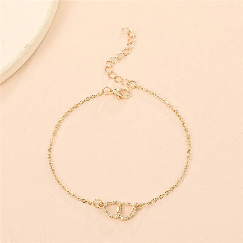 Ins Fashion Silver Color Double Heart Anklet for Women Bling Hollow Out Love Foot Ankle Leg Bracelet Chain Jewelry