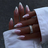 Qfdian  24Pcs Solid Color Grey Almond Fake Nail Cat's Eye Design Wearable Round Head False Nails with Shiny Powder Press on Nails