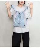 Qfdian Patchwork Contrast Color Nylon Preppy Backpack Women Students Y2k Casual Travel Schoolbags Japanese Drawstring Pleated Backpacks