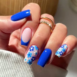 Qfdian  24pcs Blue Love False Nails Tips Datachable Fashion Short Ballet Press on Nails Art with Jelly Glue Simple Square Fake Nail Sets