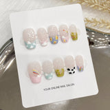 Qfdian Handmade Rainbow Nail Art French Sweet Press on Nail Reusable Acrylic False Nails Mid Coffin Artificial Manicure