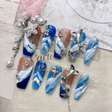 Qfdian  Luxury Press On Nails French Romantic Style with Alloy Gems Crystal Pearls Resin Flowers Elegant Glam Design for Party Wedding