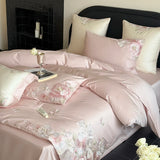 Qfdian Flowers Embroidery Luxury Bedding Set Egyptian Cotton Single Queen King Size Duvet Cover Flat/Fitted Bed Sheet Pillowcases 3/4Pc
