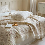 Qfdian 3/5Pcs Rose Floral Print Lace Ruffles Quilted Bedspread, Bed Cover, Mattress Topper Coverlet, Bed Sheet, With Pillowcases