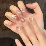 Qfdian  10pcs Handmade Short Press on Nails Sweet Cute Bow Decor Korean Fake Nail Tips Wearable Reusable Pink Cat Eye Design False Nails