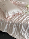 Qfdian 60S Lyocell Bamboo Fiber Flower Embroidery Summer Quilt Bedding Set Soft Silky Thin Comforter Blanket With Bed Sheet Pillowcases