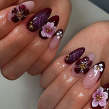Qfdian  24Pcs Mid-length 3D Flowers Design Fingertips Sweet Butterfly Yellow Ripple Almond False Nails Detachable Full Cover Press Ons