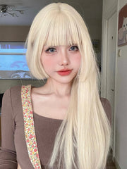 Qfdian 26Inch Blonde Platinum Golden Synthetic Wigs With Bang Long Natural Straight Hair Wig for Women Hime Cut Cosplay Heat Resistant