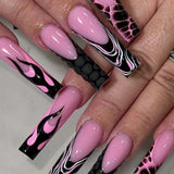 Qfdian  24Pcs Long Coffin False Nails Pink French Flowers Design Fake Nail with Butterfly Rhinestone Wearable Ballet Press on Nails