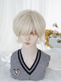 Qfdian 12Inch Light Blonde Japanese Style Synthetic Wig With Bang Short Natural Straight Hair For Man or Women Daily Use Heat Resistant