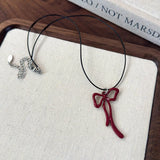 Qfdian   Y2K Fashion Vintage Red Bow Pendants Rope Chain Necklace For Women Girls Gothic Charm Birthday Party Jewelry Accessories
