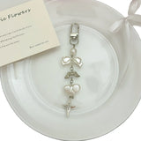 Qfdian INS Korea Pearl Bow Knot Heart Charm Phone Pendant Crystal Wristband Keychain Bracelet Lanyard Cord