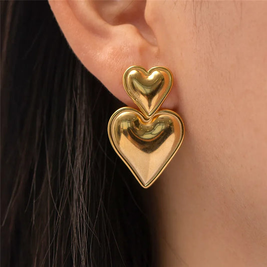 Luxury Trendy Double Heart Shaped Earrings Gold Plated Smooth Metal Love Drop Earrings For Women Jewelry Party Gift