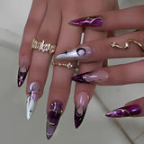 Qfdian  24pcs Long Stiletto Press on Nails Hot Girl Almond False Nails Nude Flower Rhinestones Full Cover Fake Nail Finished Manicure