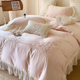 Qfdian 4Pcs Flowers Embroidery Lace Ruffles Princess Wedding Bedding Set Egyptian Cotton Duvet Cover Bed Sheet/Fitted Sheet Pillowcases