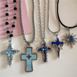 Qfdian  Gothic Blue Cross Pendant Sliver Color Chain Necklace For Women Men Fashion Trendy Punk Y2K Charms Hip Hop Jewelry Accessories