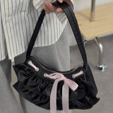Qfdian Women All Match Fashion Office Lady Handbags Fairy Ruffled Bow Y2k Aesthetic Shoulder Bags Causal Vintage Elegant Underarm Bag
