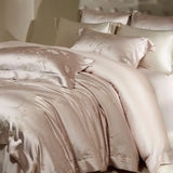 Qfdian Flower Jacquard Color Blocking Luxury Bedding Set Lyocell Cotton Soft Silky Duvet Cover Flat/Fitted Bed Sheet Pillowcases 4Pcs