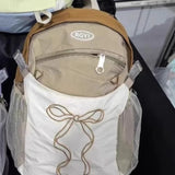 Qfdian  Women Students Travel Bags Patchwork Contrast Color Schoolbags Preppy Chic Kawaii Bow Embroidery Backpacks Y2k Aesthetic Fashion