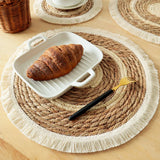 Qfdian  Round Straw Woven Placemats Kitchen Dining Table Mat Braided Tassel Place Mat Heat Resistant Pad Table Decoration Accessories