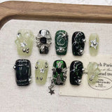 Qfdian  Gothic Starry Press On Nails With Metal Stars Rhinestones 3D Accessories Multiple Sizes Dark Green Translucent Metal Star Design