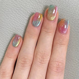 Qfdian  24Pcs  Gradient Color Fake Nail Simple Short Ballet Wearable False Nails with Cat Eye Design Press on Nails Full Cover Nail Tips
