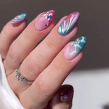 Qfdian 24Pcs 3D Green Ripple Design False Nails Cat's Eye French Almond Fake Nail Tips Leaves Pattern Removable Oval Press on Nails
