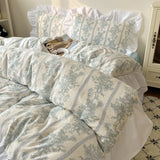 Qfdian Korean Style Princess Floral Washed Cotton Bedding Set Vintage French Pastoral Flowers Lace ruffles  Duvet Cover Set Pillowcase