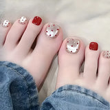 Qfdian  24pcs Light Pink Cat's Eye Press On Nails For Foot Simple Red Wave Point Decor False Toenails Korean Style Summer Fake Toenail