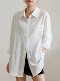 Qfdian  New Thin White Shirts Long Sleeve Buttons Women Turn-Down Collar Loose Office Ladies Blouses Korean Fashion Blue Shirts